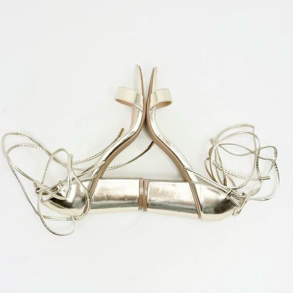 Lulus KAIRA Metallic Gold Open Toe Cord Wrap Ankle Tie Block Heel Sandals - Picture 11 of 16